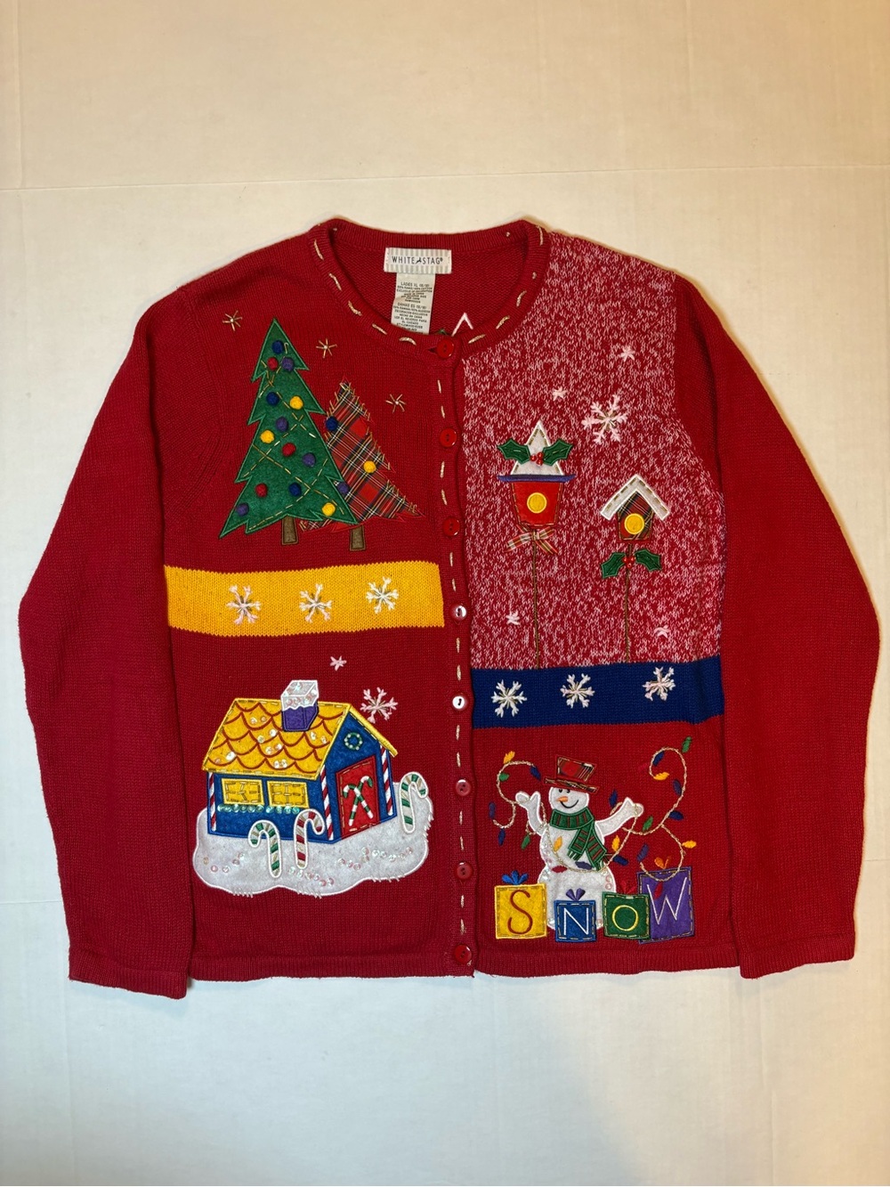 White Stag VTG Red Holiday Ramie & Cotton Blend Cardigan Cottagecore Size XL